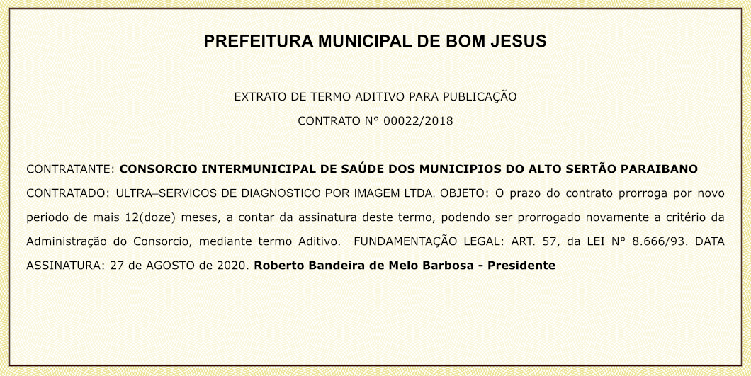 PREFEITURA DE BOM JESUS – EXTRATO DE TERMO ADITIVO PARA PUBLICAÇÃO – CONTRATO N° 00022/2018