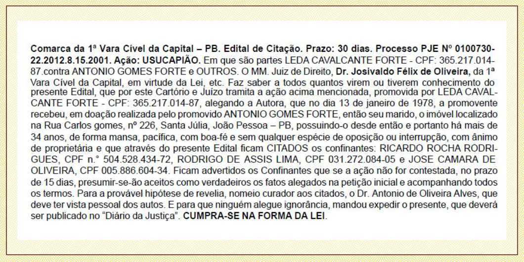 EDITAL DE CITAÇÃO- PROCESSO:  PJE. No. 0100730-22.2012.8.15.2001 – AÇÃO  DE USUCAPIÃO