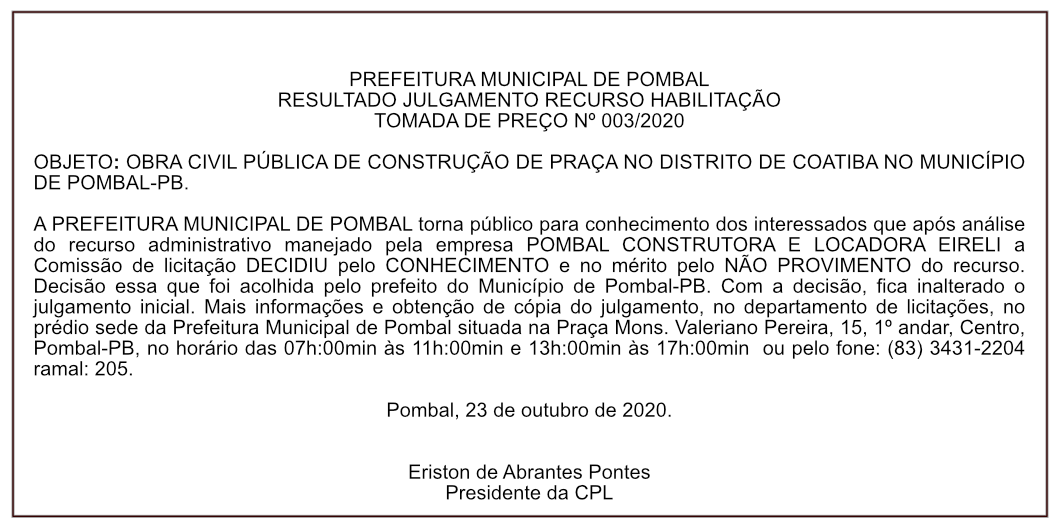 PREFEITURA MUNICIPAL DE POMBAL – RESULTADO JULGAMENTO RECURSO HABILITAÇÃO – TOMADA DE PREÇO Nº 003/2020