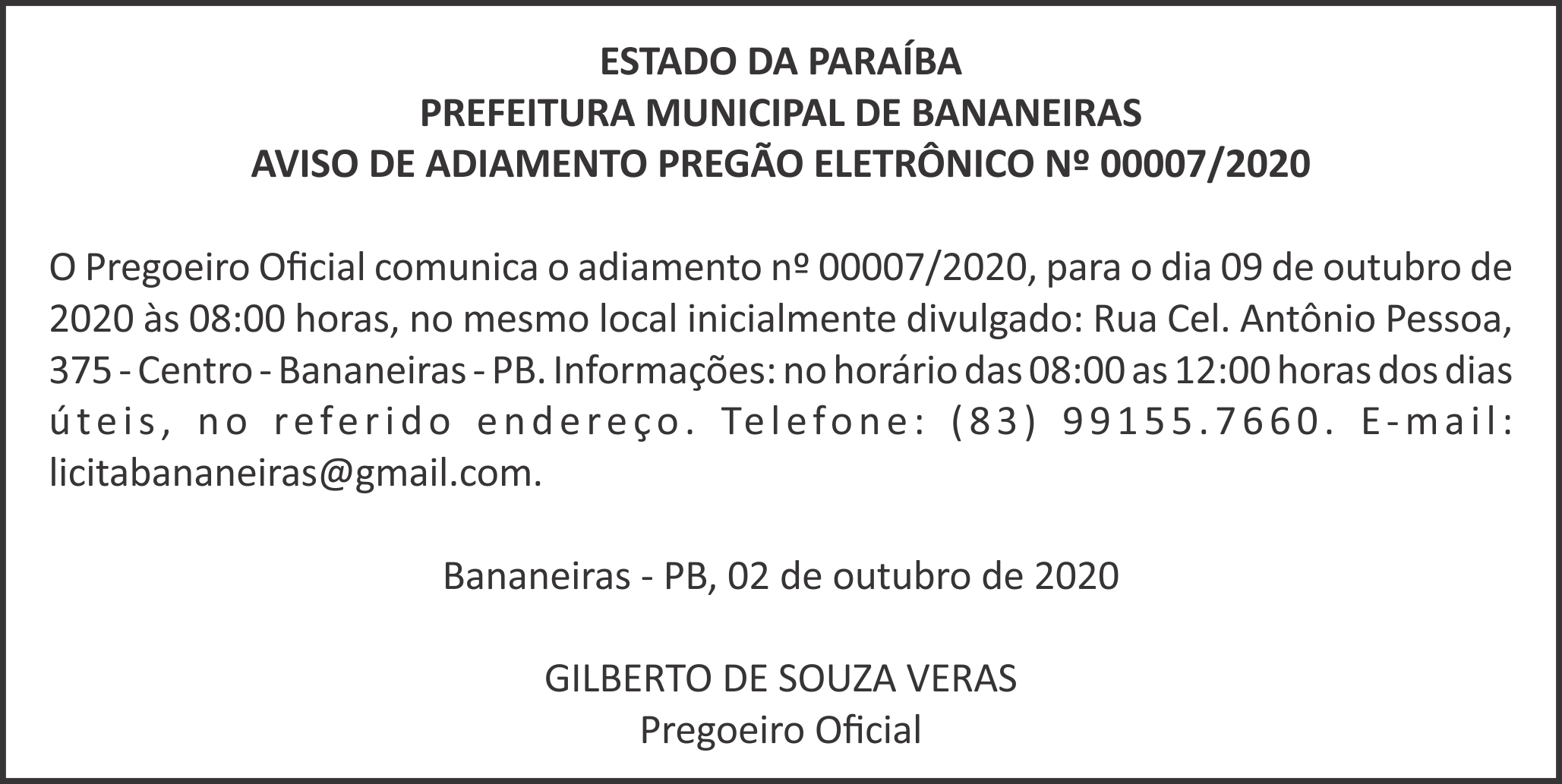PREFEITURA MUNICIPAL DE BANANEIRAS – AVISO DE ADIAMENTO – PREGÃO ELETRÔNICO Nº 00007/2020
