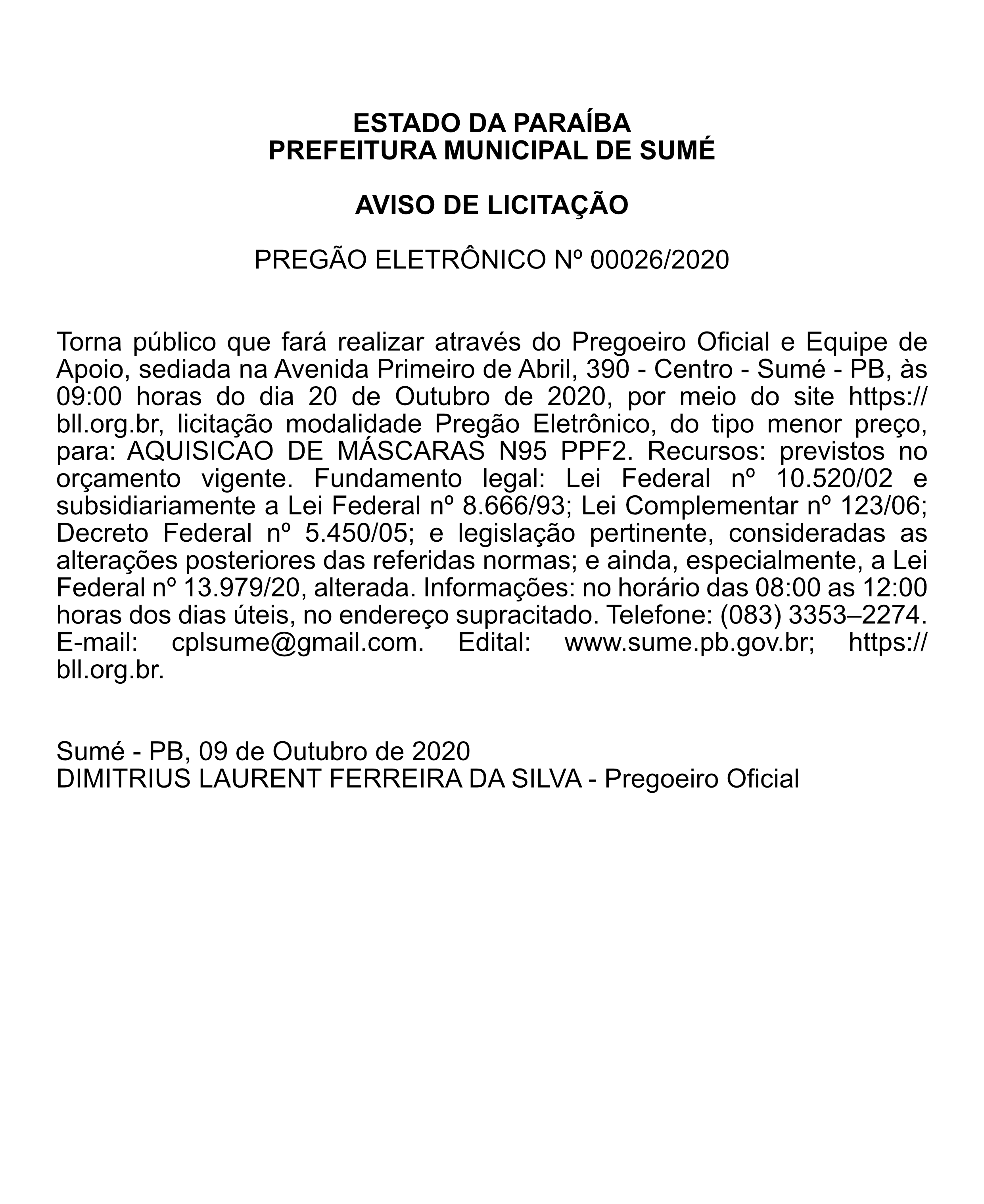 PREFEITURA MUNICIPAL DE SUMÉ – AVISO DE LICITAÇÃO – PREGÃO ELETRÔNICO Nº 00026/2020