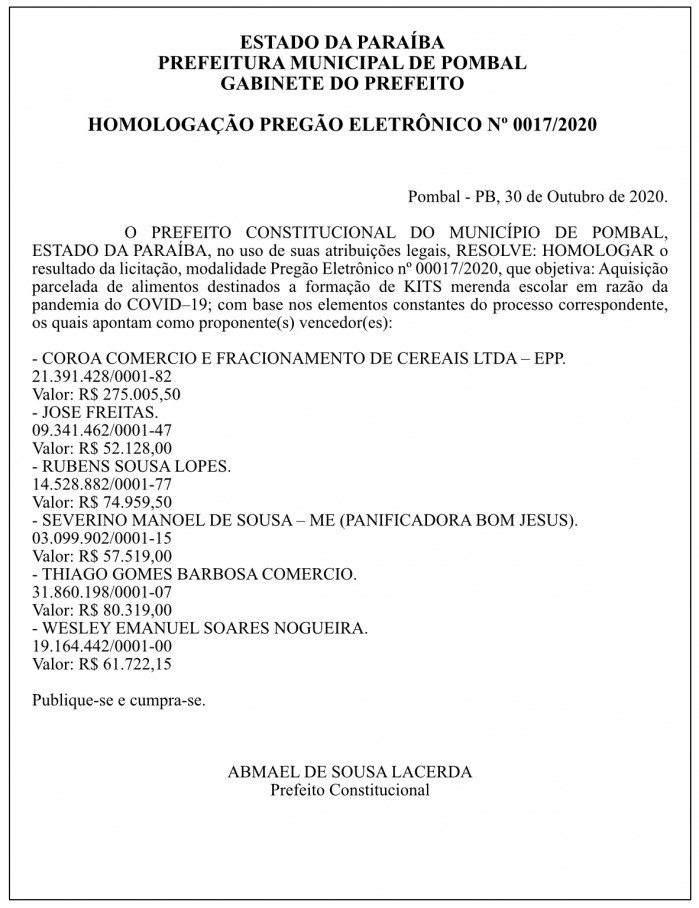 PREFEITURA MUNICIPAL DE POMBAL – GABINETE DO PREFEITO – HOMOLOGAÇÃO – PREGÃO ELETRÔNICO Nº 0017/2020
