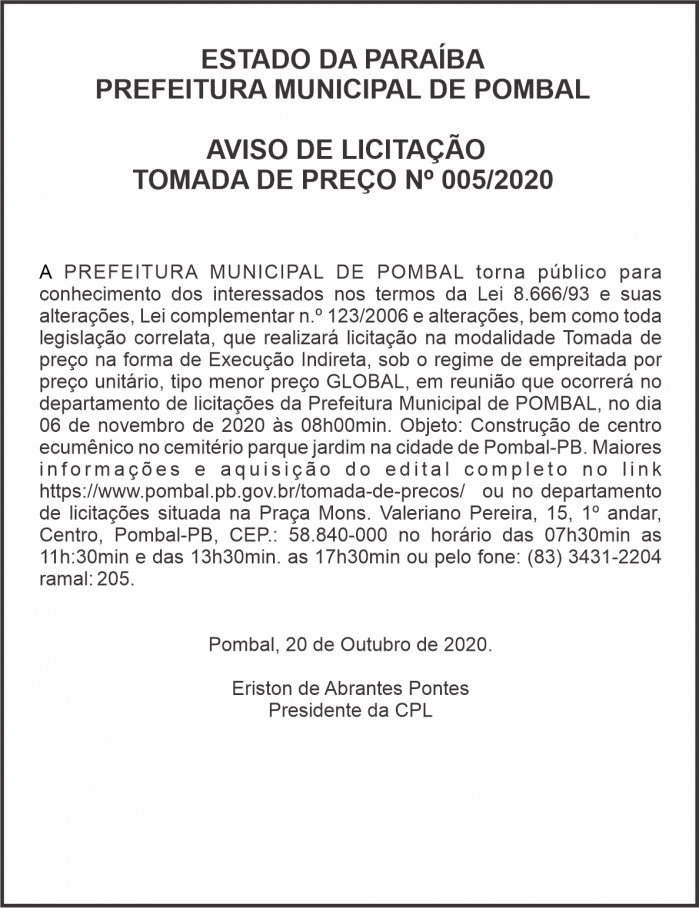 PREFEITURA MUNICIPAL DE POMBAL – AVISO DE LICITAÇÃO – TOMADA DE PREÇO Nº 005/2020