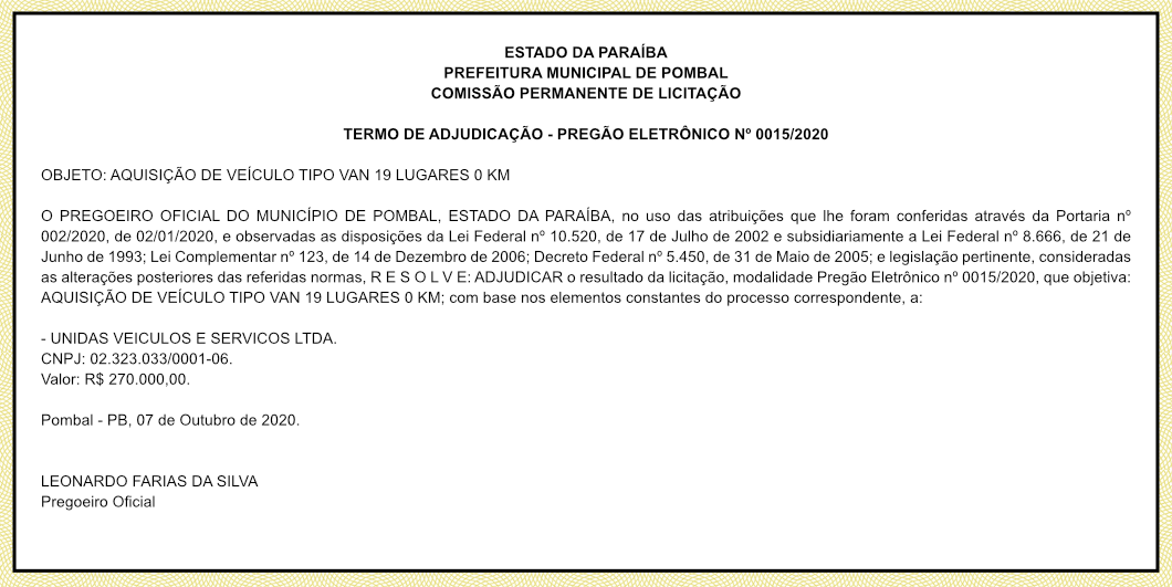 PREFEITURA MUNICIPAL DE POMBAL – TERMO DE ADJUDICAÇÃO – PREGÃO ELETRÔNICO Nº 0015/2020
