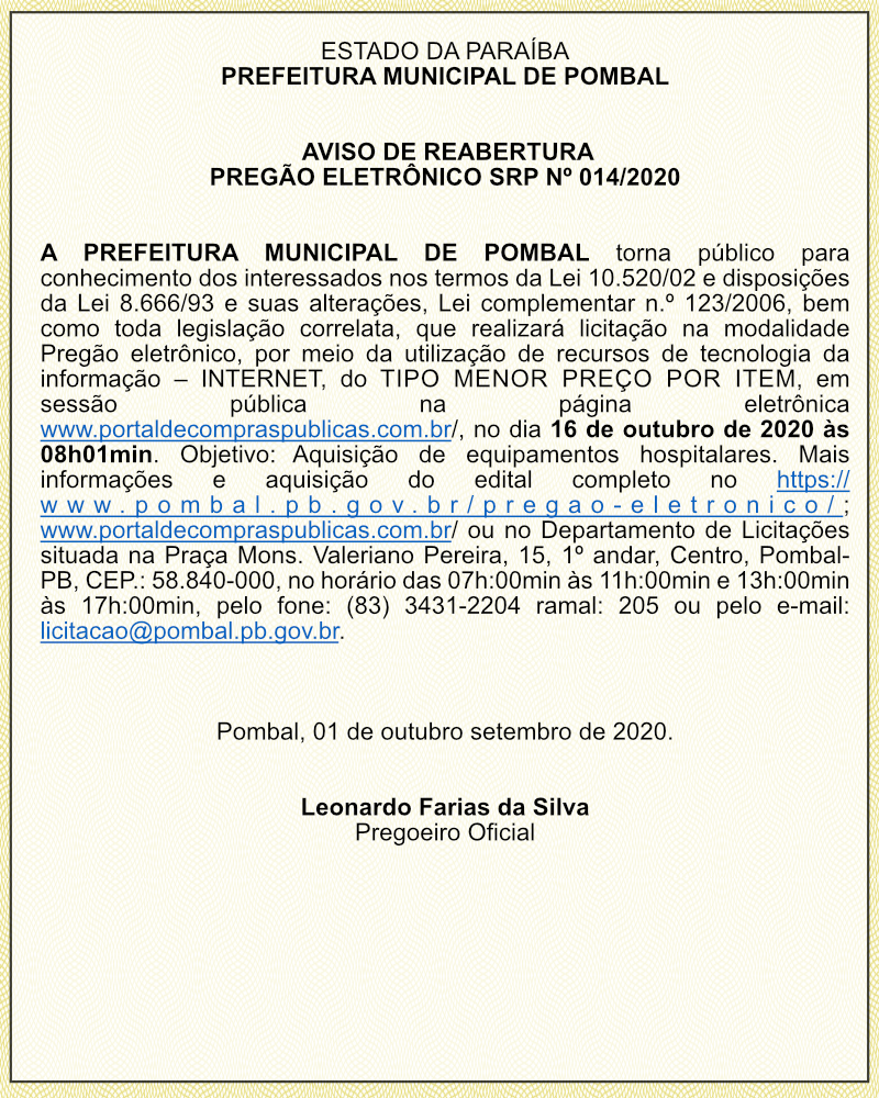 PREFEITURA MUNICIPAL DE POMBAL –  AVISO DE REABERTURA – PREGÃO ELETRÔNICO SRP Nº 014/2020