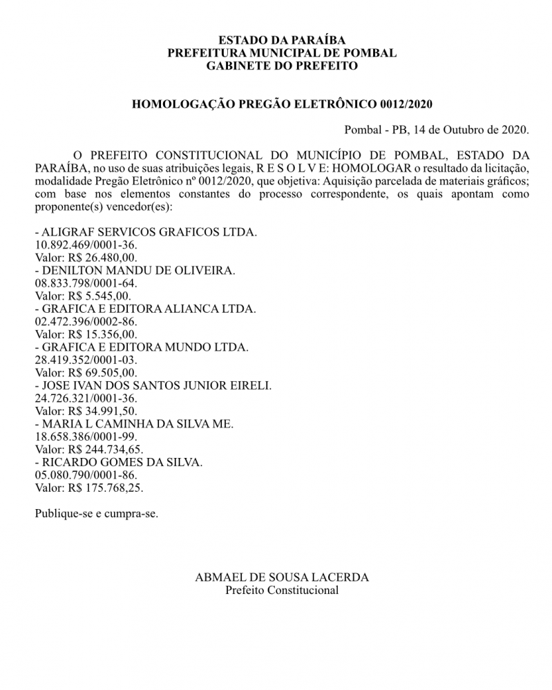 PREFEITURA MUNICIPAL DE POMBAL – GABINETE DO PREFEITO – HOMOLOGAÇÃO PREGÃO ELETRÔNICO 0012/2020
