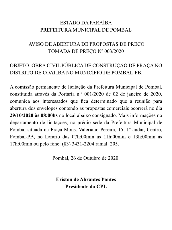 PREFEITURA MUNICIPAL DE POMBAL – AVISO DE ABERTURA DE PROPOSTAS DE PREÇO – TOMADA DE PREÇO Nº 003/2020