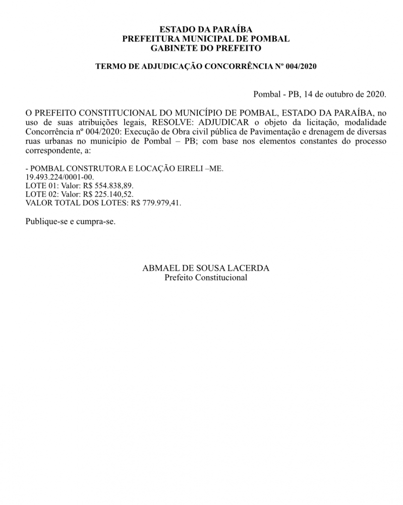 PREFEITURA MUNICIPAL DE POMBAL – GABINETE DO PREFEITO – TERMO DE ADJUDICAÇÃO – CONCORRÊNCIA Nº 004/2020