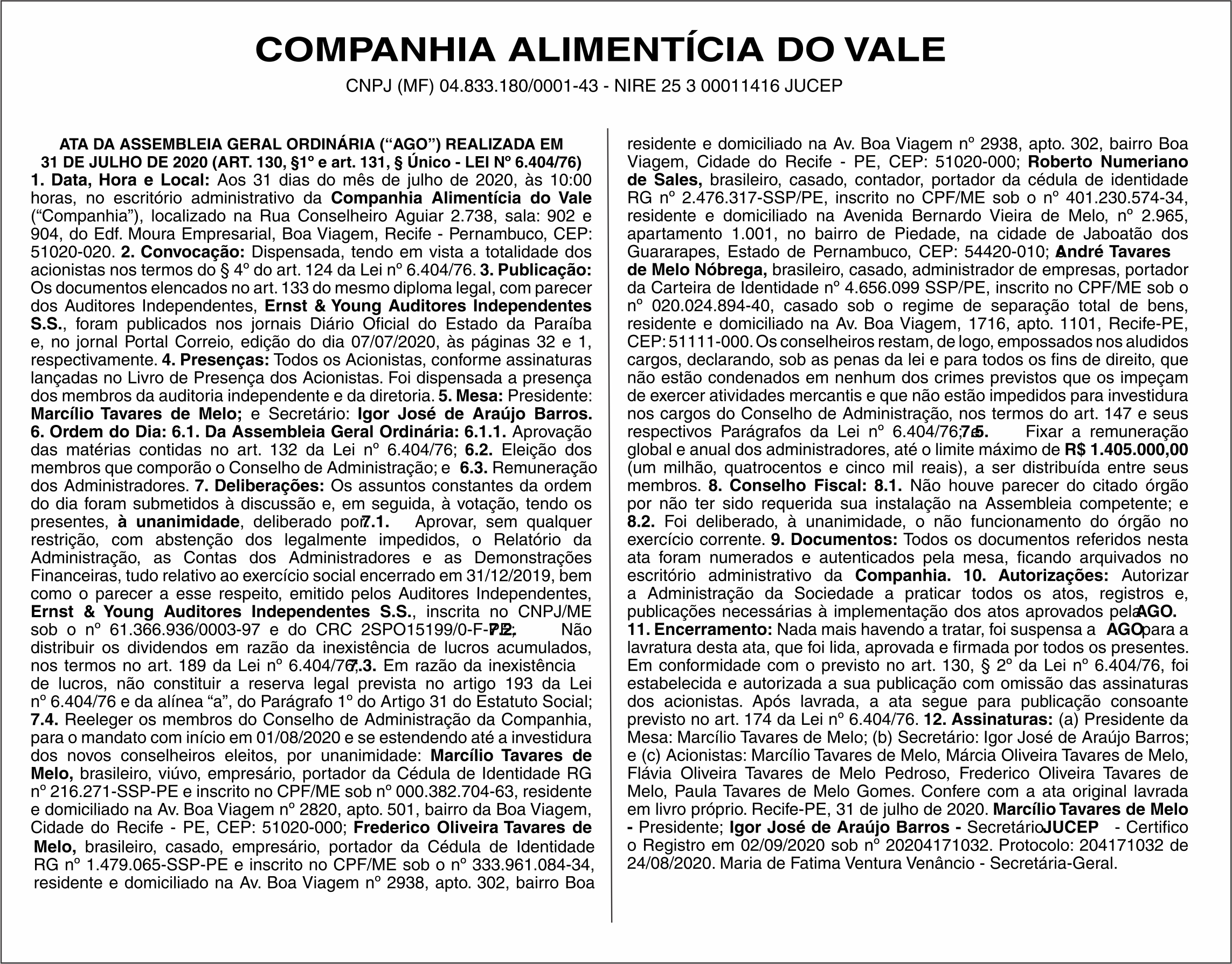 COMPANHIA ALIMENTÍCIA DO VALE – ATA DA ASSEMBLEIA GERAL ORDINÁRIA