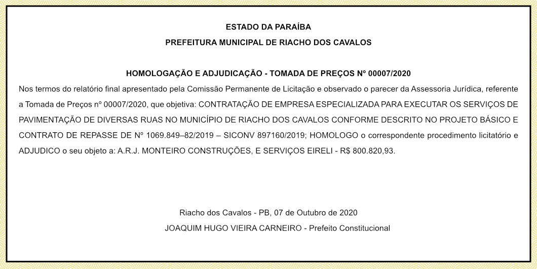 PREFEITURA MUNICIPAL DE RIACHO DOS CAVALOS – HOMOLOGAÇÃO E ADJUDICAÇÃO – TOMADA DE PREÇOS Nº 00007/2020