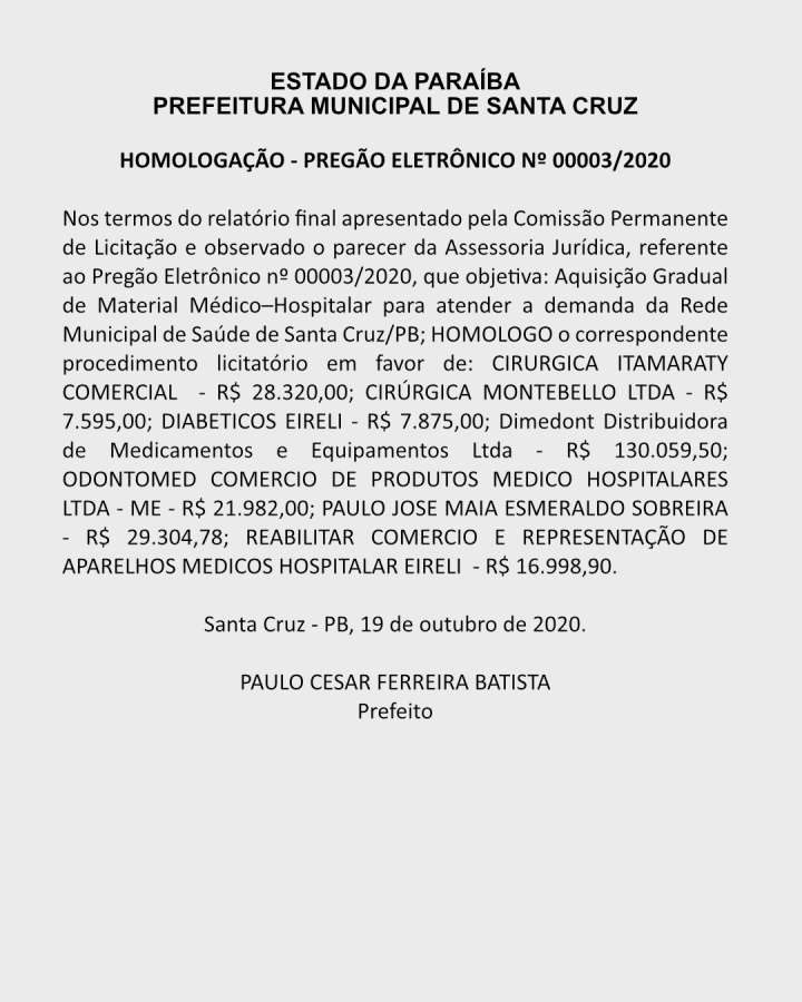 PREFEITURA MUNICIPAL DE SANTA CRUZ – HOMOLOGAÇÃO – PREGÃO ELETRÔNICO Nº 00003/2020