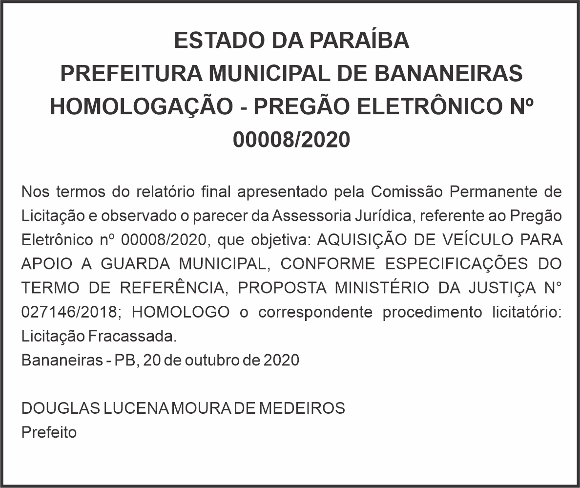 PREFEITURA MUNICIPAL DE BANANEIRAS – HOMOLOGAÇÃO – PREGÃO ELETRÔNICO Nº 00008/2020