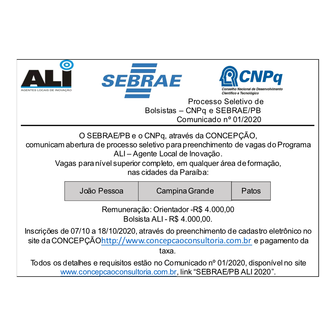 Processo Seletivo Bolsistas – CNPq e SEBRAE/PB – Comunicado – Nº 01/2020