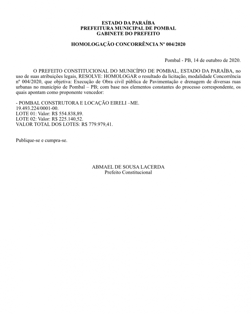 PREFEITURA MUNICIPAL DE POMBAL – GABINETE DO PREFEITO – HOMOLOGAÇÃO – CONCORRÊNCIA Nº 004/2020