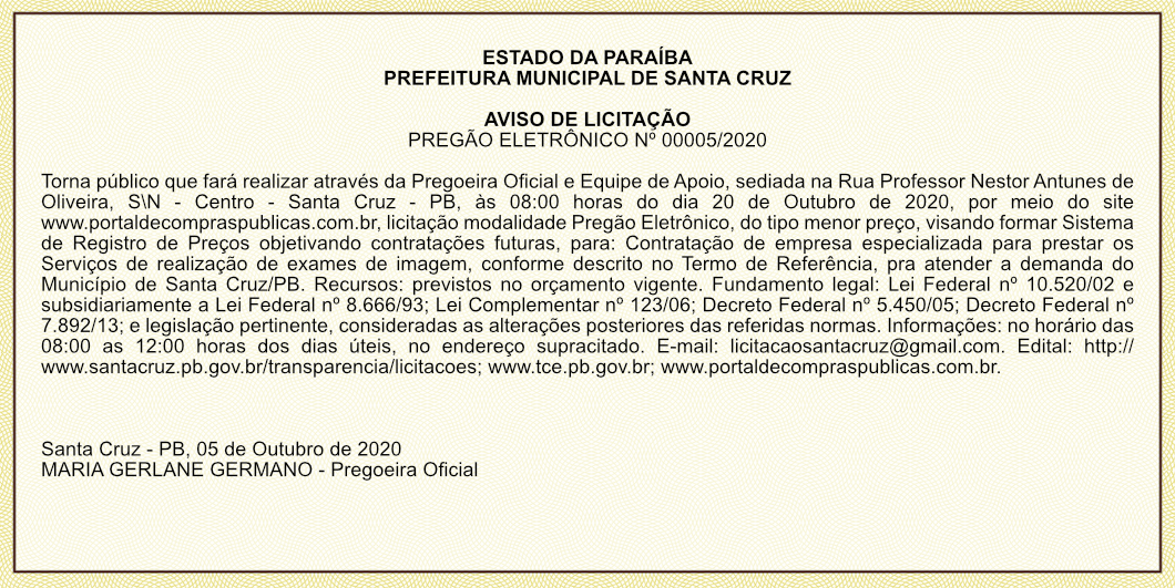 PREFEITURA MUNICIPAL DE SANTA CRUZ  – AVISO DE LICITAÇÃO – PREGÃO ELETRÔNICO Nº 00005/2020