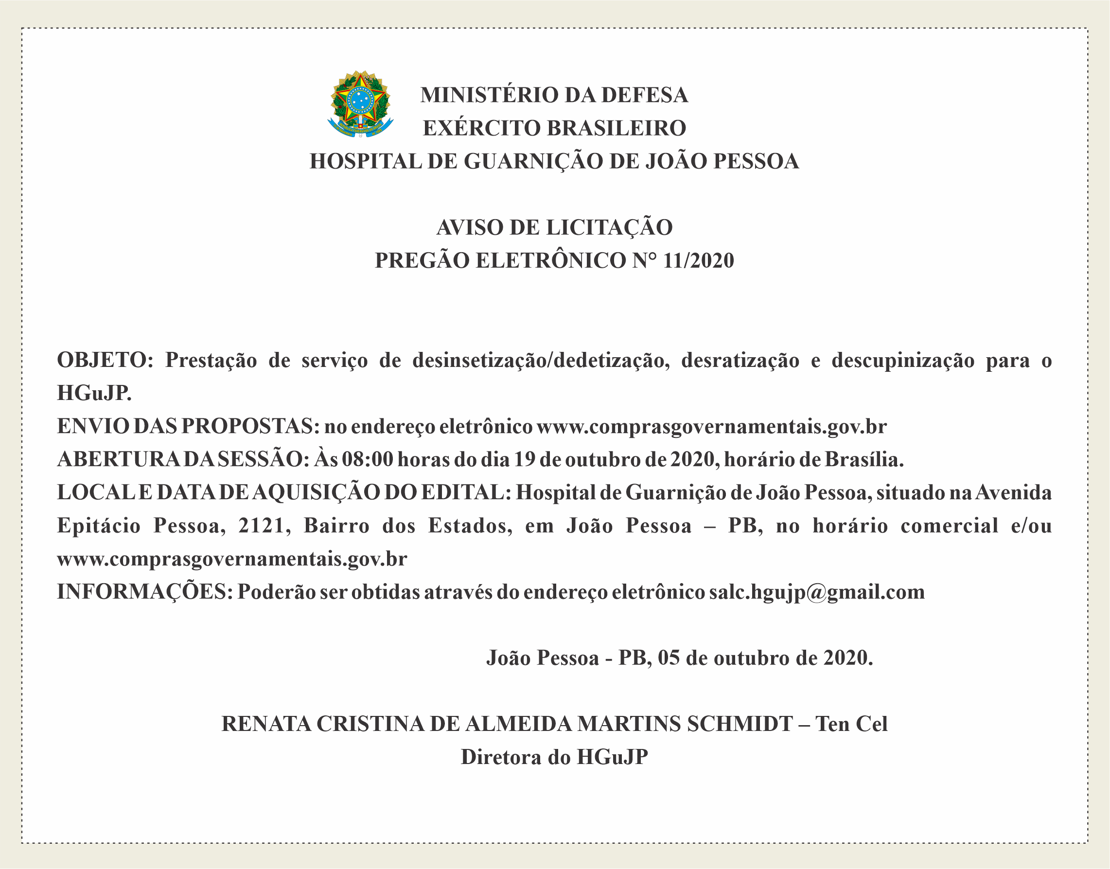 HOSPITAL DE GUARNIÇÃO – AVISO DE LICITAÇÃO – PREGÃO ELETRÔNICO N° 11/2020