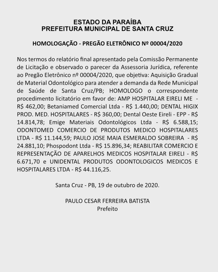 PREFEITURA MUNICIPAL DE SANTA CRUZ – HOMOLOGAÇÃO – PREGÃO ELETRÔNICO Nº 00004/2020