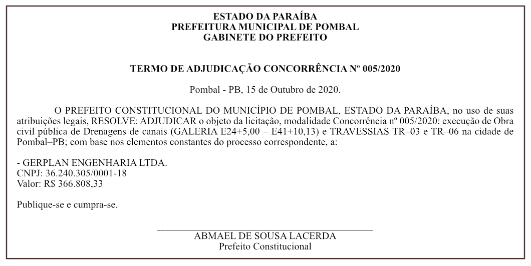 PREFEITURA MUNICIPAL DE POMBAL – TERMO DE ADJUDICAÇÃO – CONCORRÊNCIA Nº 005/2020