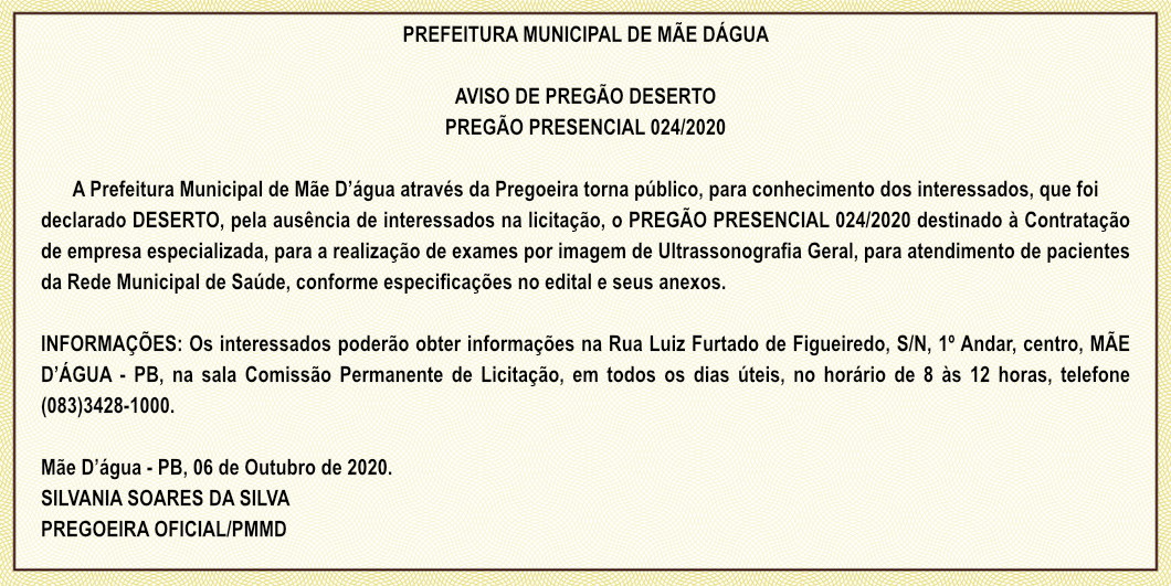 PREFEITURA MUNICIPAL DE MÃE DÁGUA – PREGÃO PRESENCIAL 024/2020