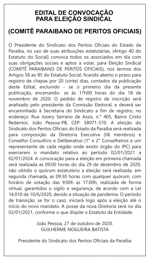 SINDPERITOS – EDITAL DE CONVOCAÇÃO PARA ELEIÇÃO SINDICAL