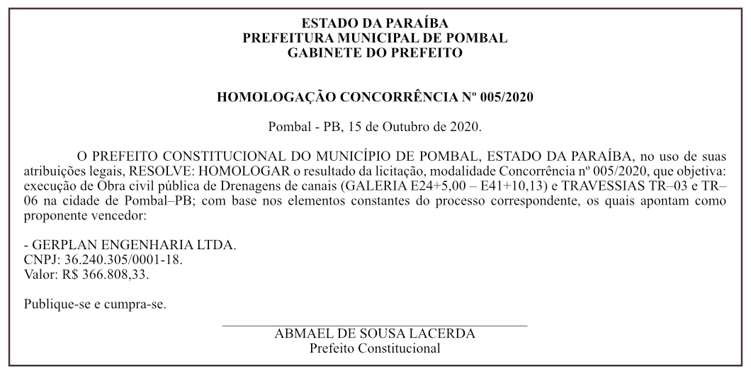 PREFEITURA MUNICIPAL DE POMBAL – HOMOLOGAÇÃO – CONCORRÊNCIA Nº 005/2020