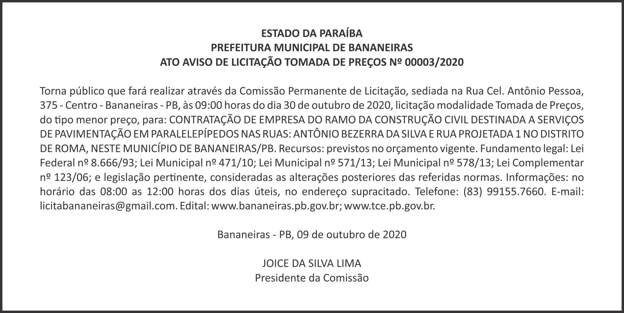 PREFEITURA MUNICIPAL DE BANANEIRAS – ATO AVISO DE LICITAÇÃO – TOMADA DE PREÇOS Nº 00003/2020