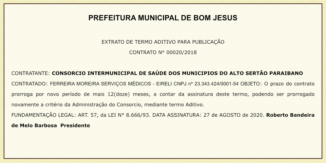 PREFEITURA DE BOM JESUS – EXTRATO DE TERMO ADITIVO PARA PUBLICAÇÃO – CONTRATO N° 00020/2018