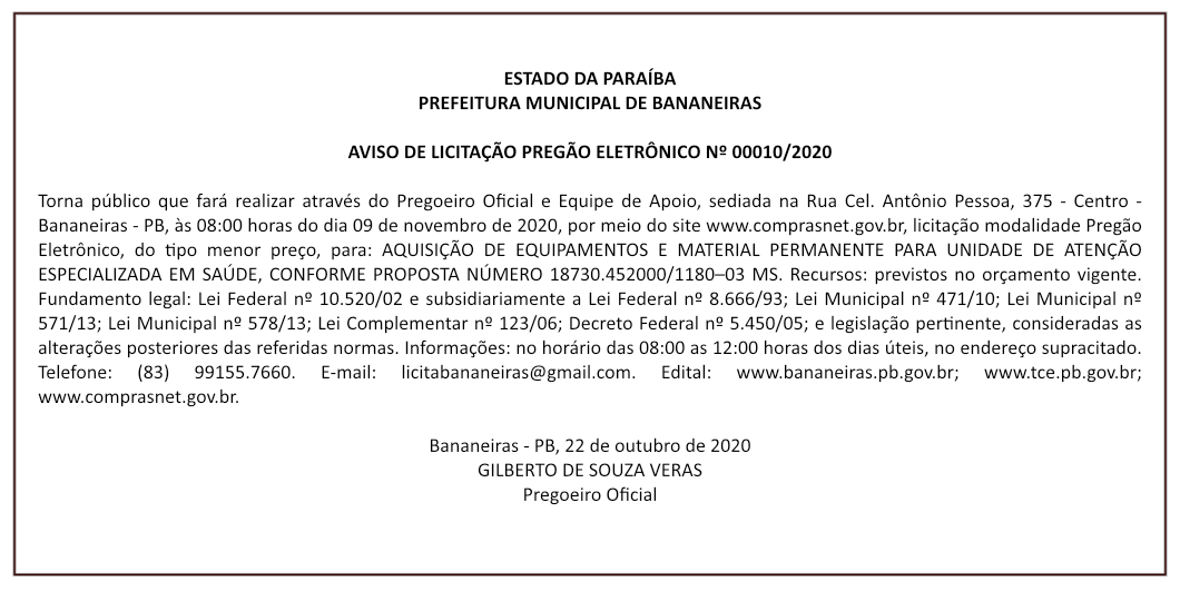 PREFEITURA MUNICIPAL DE BANANEIRAS – AVISO DE LICITAÇÃO – PREGÃO ELETRÔNICO Nº 00010/2020