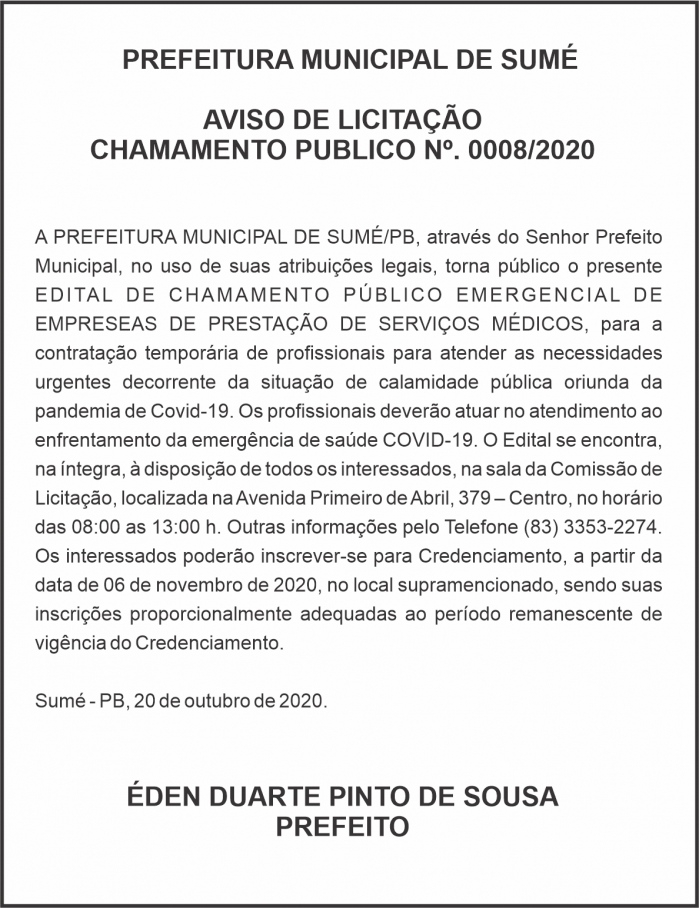 PREFEITURA MUNICIPAL DE SUMÉ – AVISO DE LICITAÇÃO – CHAMAMENTO PUBLICO Nº 0008/2020