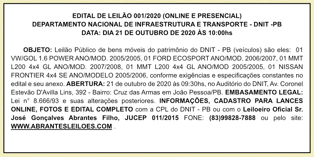 ABRANTES LEILÕES – EDITAL DE LEILÃO 001/2020 (ONLINE E PRESENCIAL)