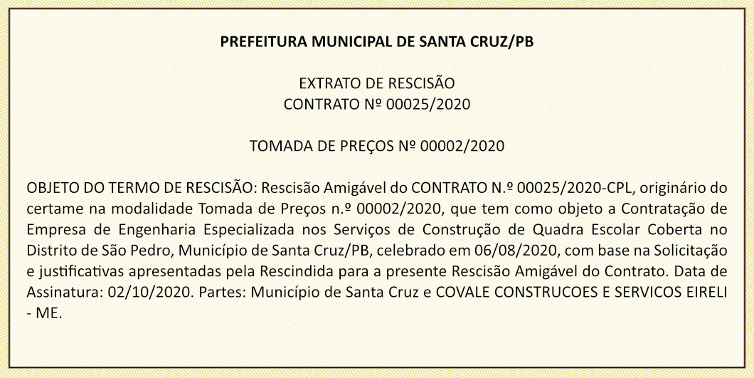 PREFEITURA MUNICIPAL DE SANTA CRUZ/PB – EXTRATO DE RESCISÃO – CONTRATO Nº 00025/2020 – TOMADA DE PREÇOS Nº 00002/2020