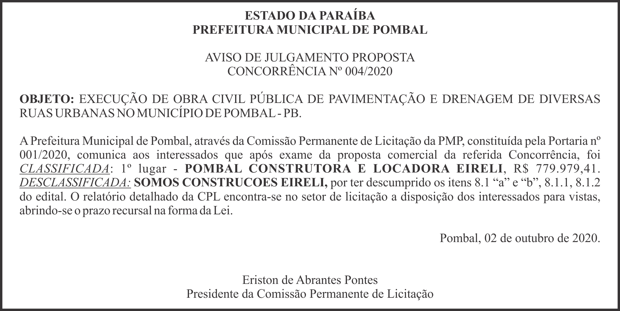 PREFEITURA MUNICIPAL DE POMBAL – AVISO DE JULGAMENTO PROPOSTA – CONCORRÊNCIA Nº 004/2020