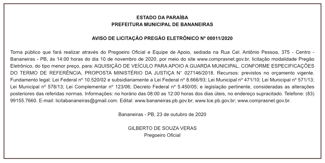 PREFEITURA MUNICIPAL DE BANANEIRAS – AVISO DE LICITAÇÃO – PREGÃO ELETRÔNICO Nº 00011/2020