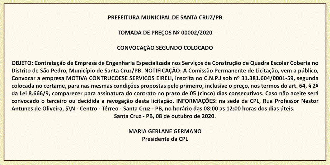 PREFEITURA MUNICIPAL DE SANTA CRUZ – TOMADA DE PREÇOS Nº 00002/2020