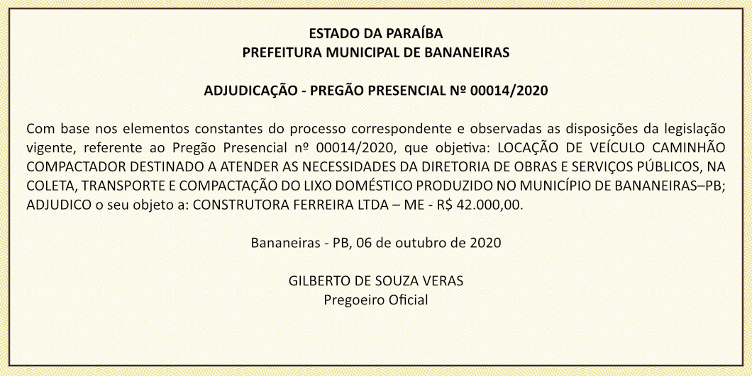 PREFEITURA MUNICIPAL DE BANANEIRAS – ADJUDICAÇÃO – PREGÃO PRESENCIAL Nº 00014/2020