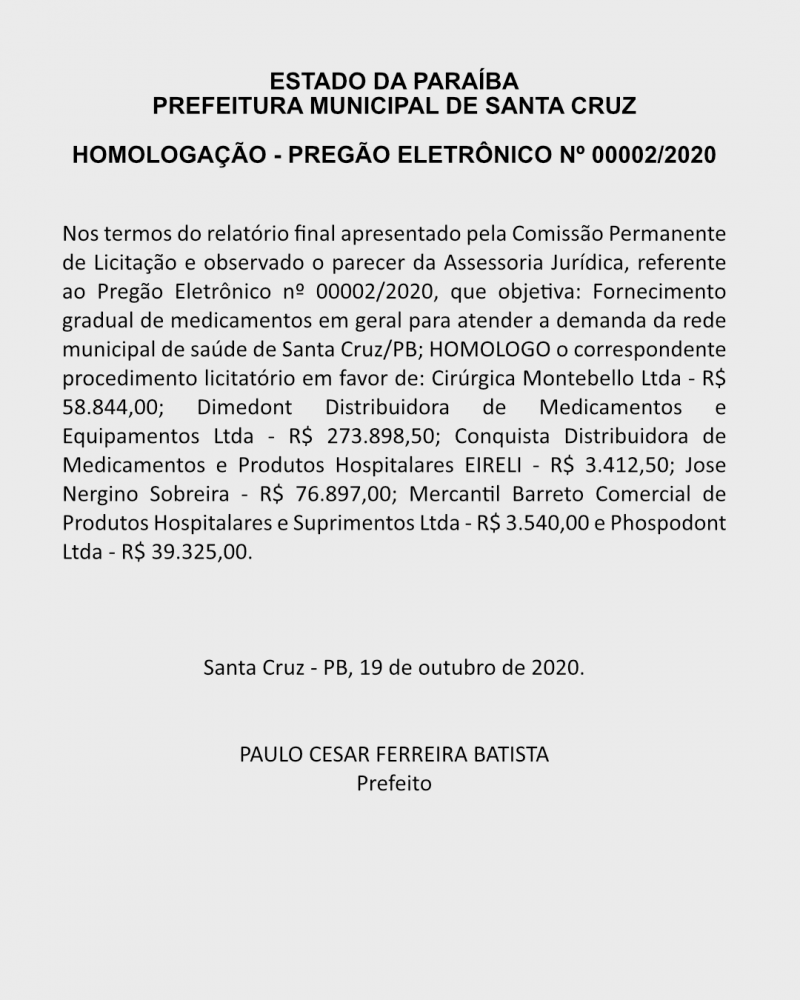 PREFEITURA MUNICIPAL DE SANTA CRUZ – HOMOLOGAÇÃO – PREGÃO ELETRÔNICO Nº 00002/2020