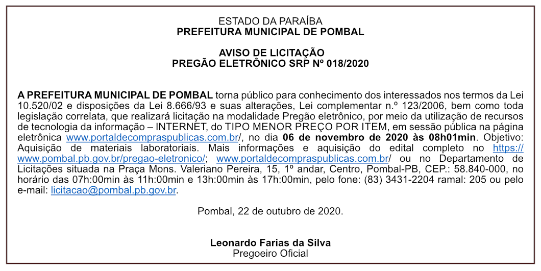 PREFEITURA MUNICIPAL DE POMBAL – AVISO DE LICITAÇÃO – PREGÃO ELETRÔNICO SRP Nº 018/2020