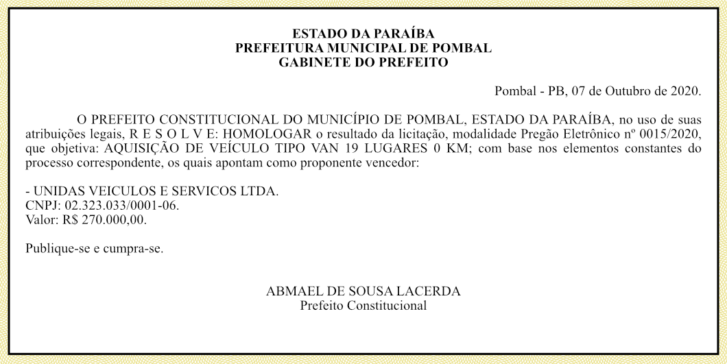 PREFEITURA MUNICIPAL DE POMBAL – HOMOLOGAÇÃO – PREGÃO ELETRÔNICO Nº 0015/2020