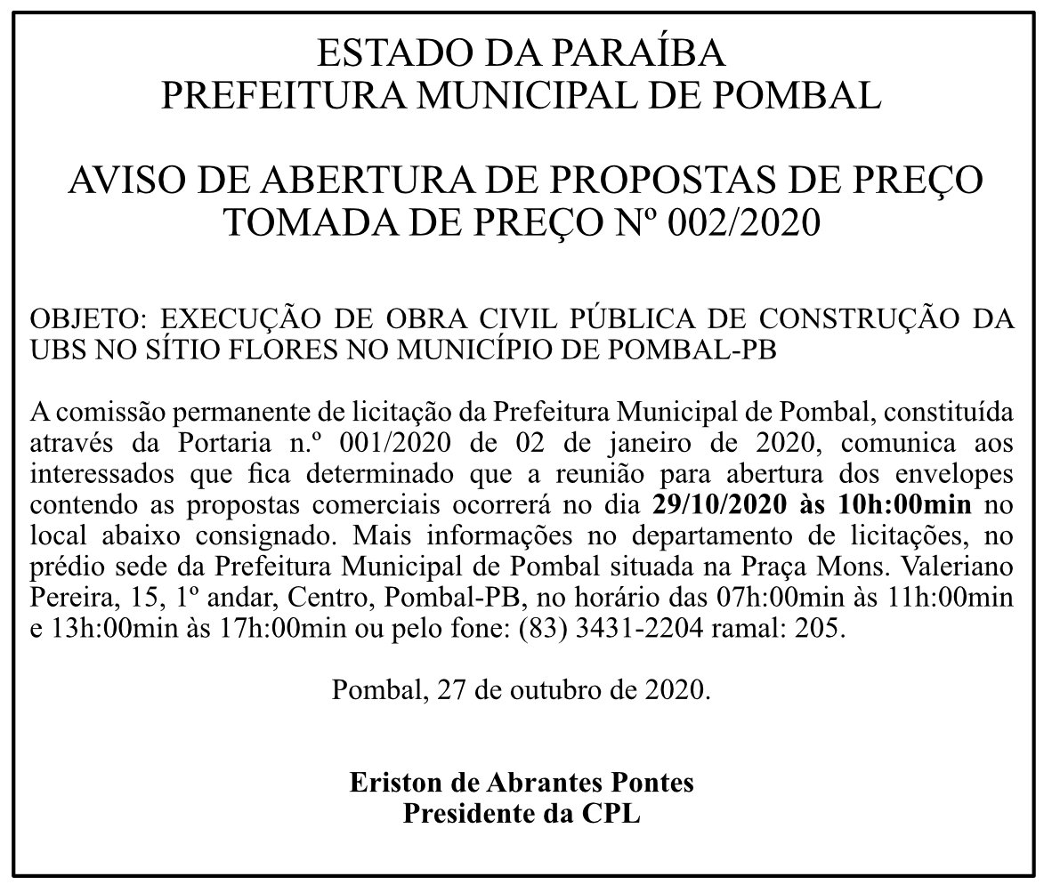 PREFEITURA MUNICIPAL DE POMBAL – AVISO DE ABERTURA DE PROPOSTAS DE PREÇO – TOMADA DE PREÇO Nº 002/2020