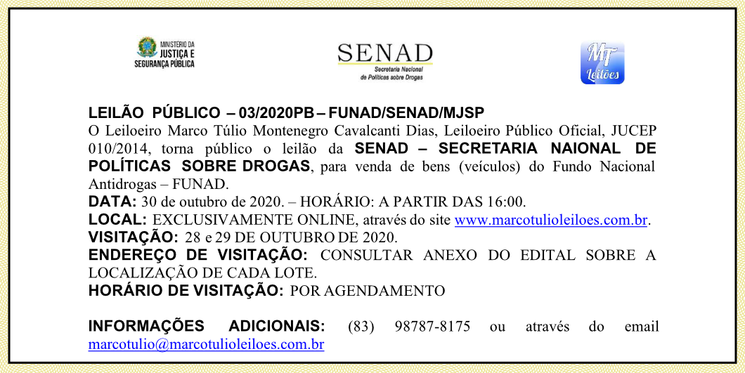 LEILÃO PÚBLICO – 03/2020 PB – FUNAD/SENAD/MJSP
