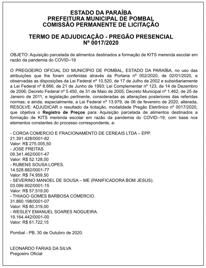 PREFEITURA MUNICIPAL DE POMBAL – COMISSÃO PERMANENTE DE LICITAÇÃO – TERMO DE ADJUDICAÇÃO – PREGÃO PRESENCIAL Nº 0017/2020