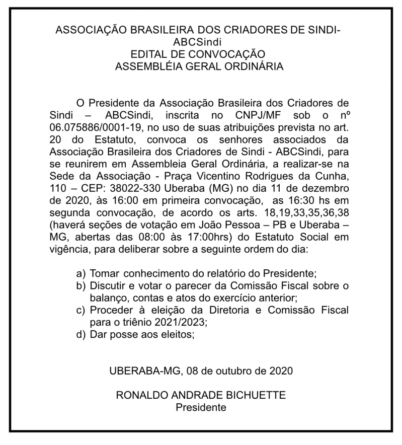 ABCSindi – EDITAL DE CONVOCAÇÃO – ASSEMBLÉIA GERAL ORDINÁRIA