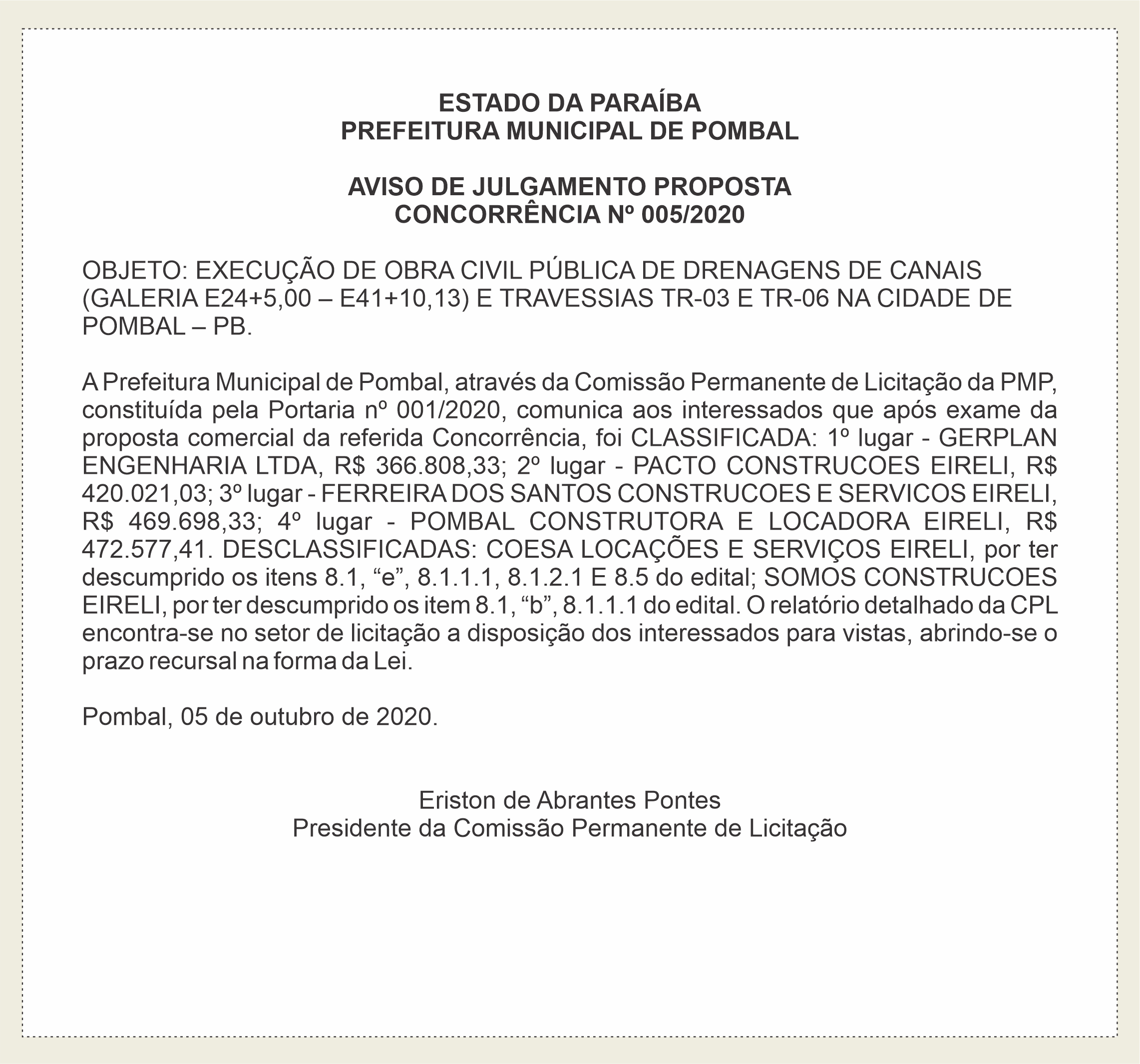 PREFEITURA MUNICIPAL DE POMBAL – AVISO DE JULGAMENTO – PROPOSTA – CONCORRÊNCIA Nº 005/2020