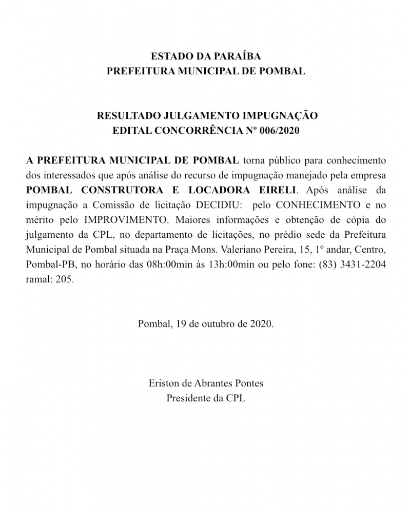 PREFEITURA MUNICIPAL DE POMBAL – RESULTADO JULGAMENTO IMPUGNAÇÃO – EDITAL CONCORRÊNCIA Nº 006/2020