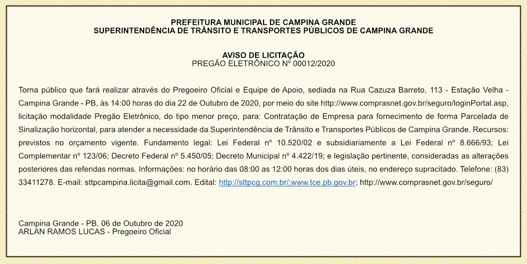 STTP – AVISO DE LICITAÇÃO – PREGÃO ELETRÔNICO Nº 00012/2020