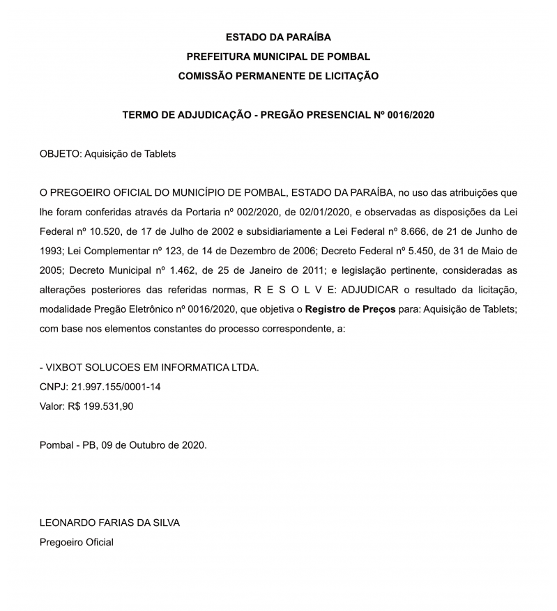 PREFEITURA MUNICIPAL DE POMBAL – COMISSÃO PERMANENTE DE LICITAÇÃO – TERMO DE ADJUDICAÇÃO – PREGÃO PRESENCIAL Nº 0016/2020
