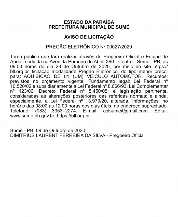 PREFEITURA MUNICIPAL DE SUMÉ – AVISO DE LICITAÇÃO – PREGÃO ELETRÔNICO Nº 00027/2020