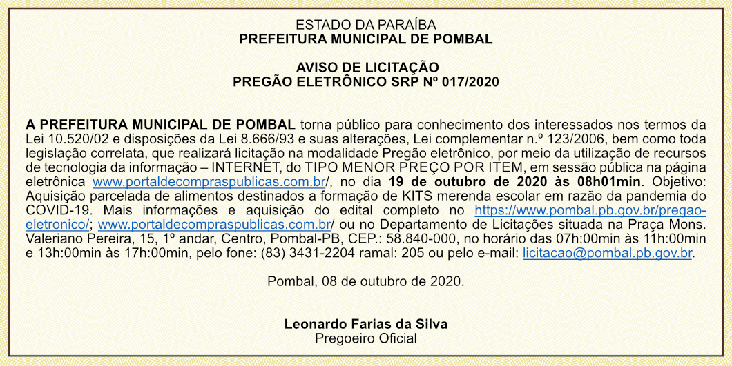 PREFEITURA MUNICIPAL DE POMBAL – AVISO DE LICITAÇÃO – PREGÃO ELETRÔNICO SRP Nº 017/2020