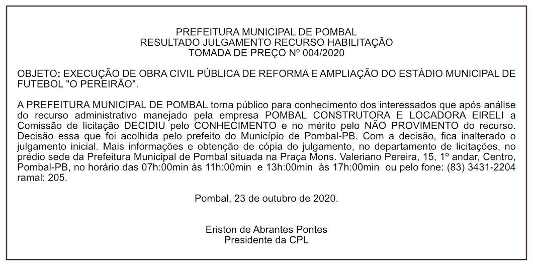 PREFEITURA MUNICIPAL DE POMBAL – RESULTADO JULGAMENTO RECURSO HABILITAÇÃO – TOMADA DE PREÇO Nº 004/2020