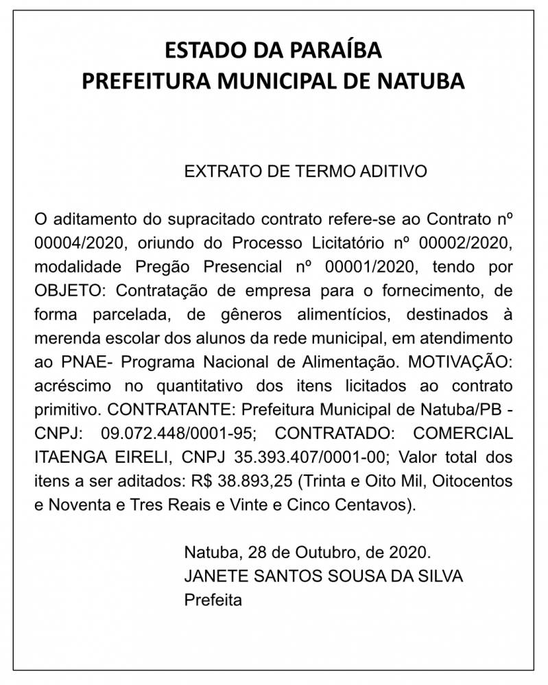 PREFEITURA MUNICIPAL DE NATUBA – EXTRATO DE TERMO ADITIVO